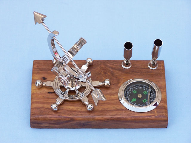 Pen holder on wood base steering compass with wood & brass wheel