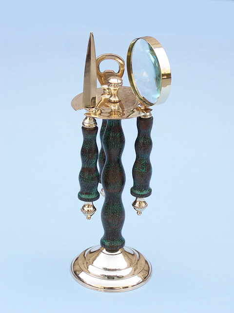    Brass e Magnifying Glass, Bottle Opener, Letter Opener Stand.