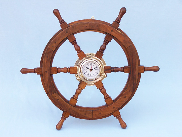 Wooden ship and boat steering wheel with porthole watch